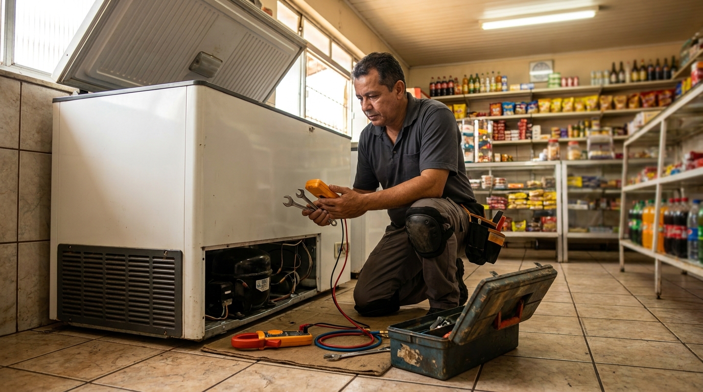Profissional executando manutenção no motor de freezer em São Luís‑MA