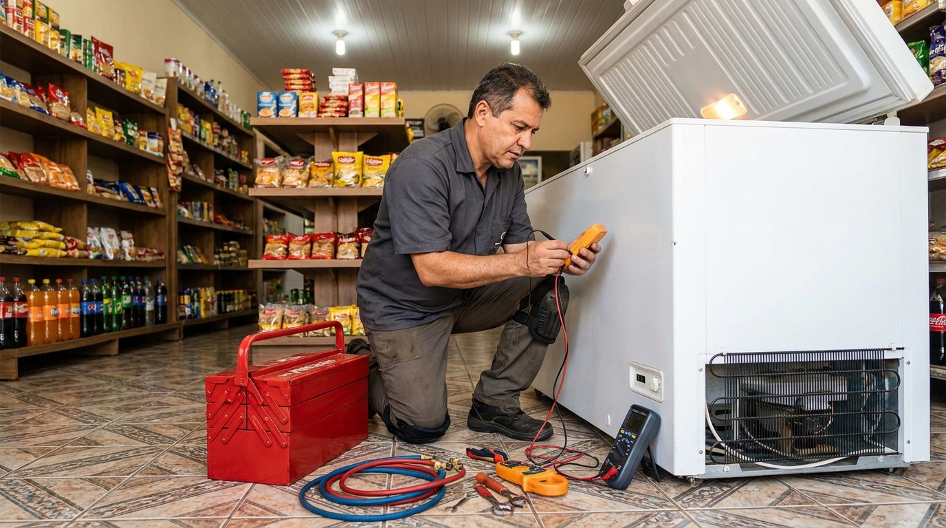 Recarga de gás refrigerante no freezer durante atendimento em São Luís‑MA