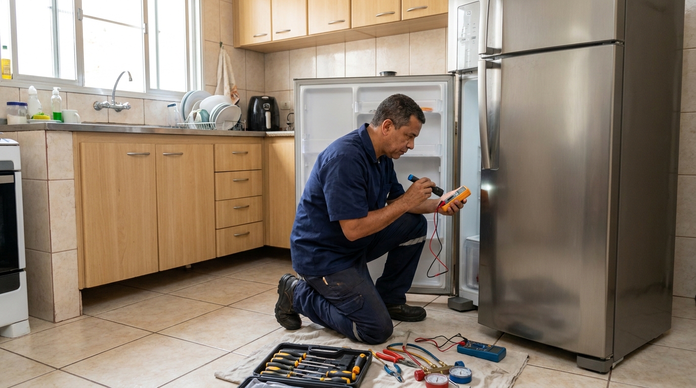 Técnico aplicando recarga de gás refrigerante em geladeira em São Luís‑MA